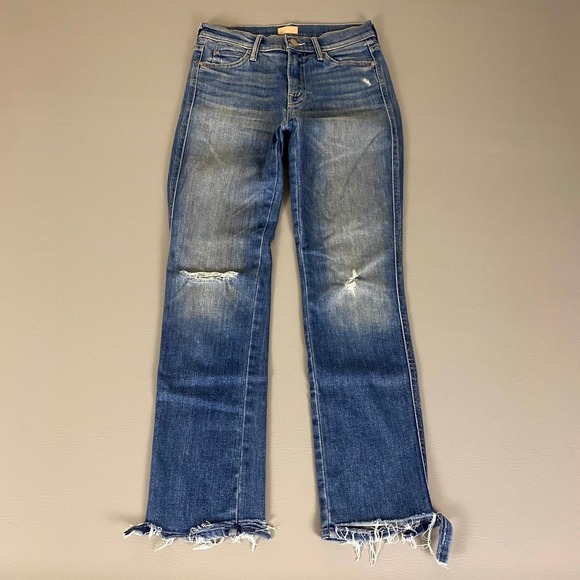 MOTHER The Rascal Ankle Distressed Hem Jeans Size 25 Cut Blue Wild! Wash Denim - Picture 1 of 16